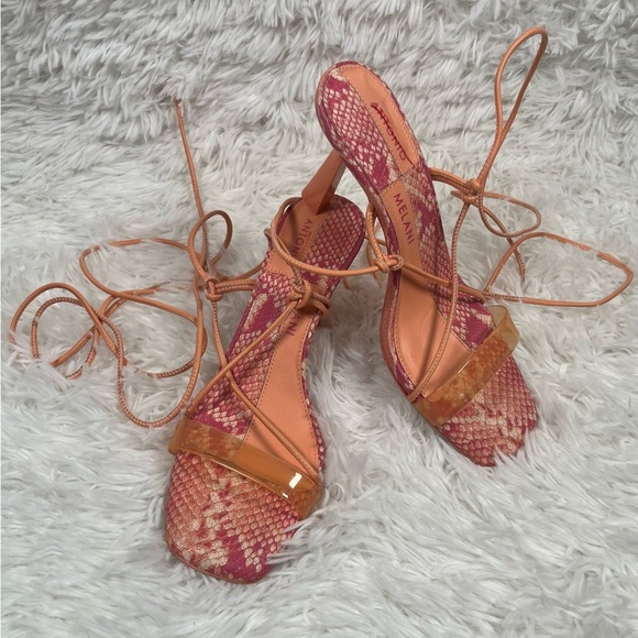Antonio Melani | Barden Lace-Up Citrus Peach Pink Heels Strappy Sandals - Picture 4 of 10